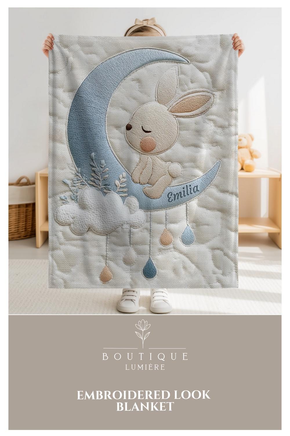 This personalized bunny woodland baby blanket features a timeless embroidered-look design that feels soft, calm, and beautifully refined. Made to be both cozy and meaningful, it’s a keepsake blanket parents will treasure.
