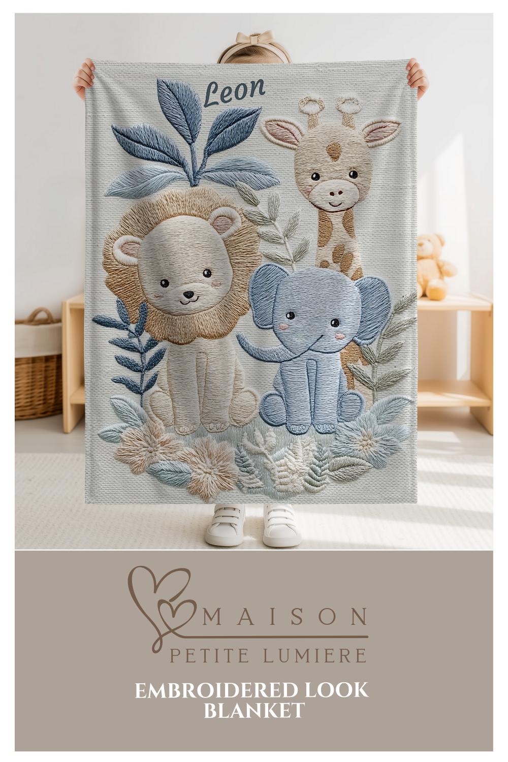 Personalized Safari baby blanket with name - embroidered look details in soft neutral colors. A cozy newborn blanket and timeless boutique baby gift.