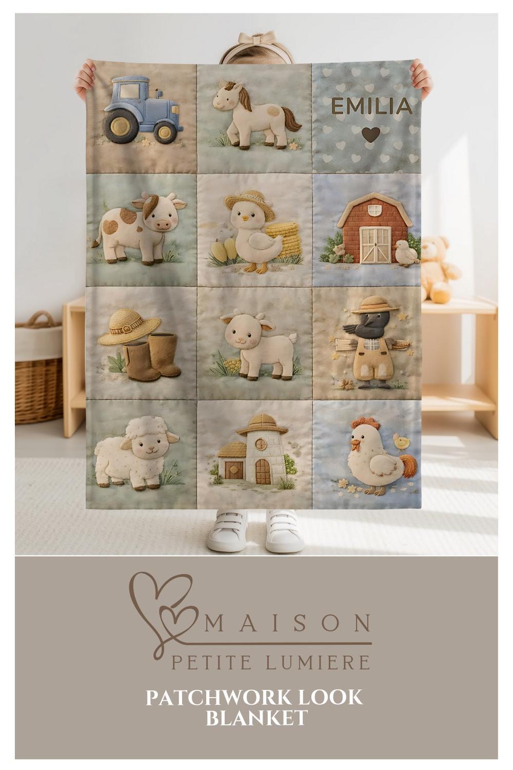 Personalized patchwork look baby blanket with farm quilt design in soft neutral colors. A cozy newborn blanket and timeless boutique baby gift.
