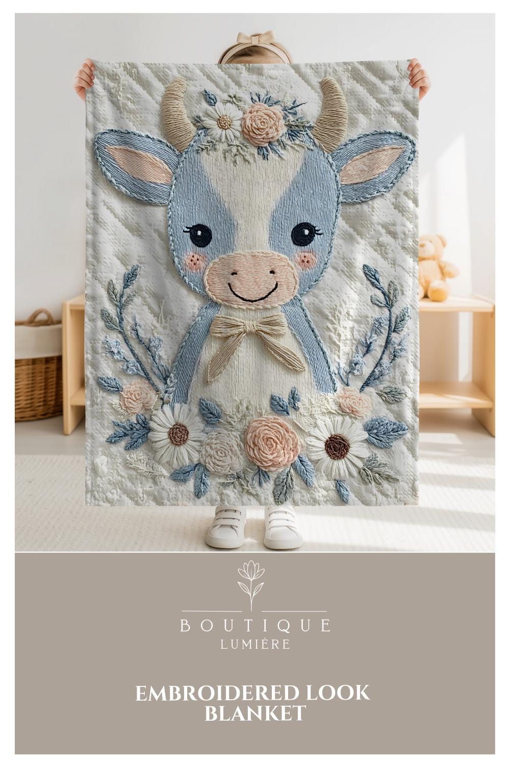 Babydecke im Stickerei Look • Kuh mit Blumen • Weiche Kuscheldecke • Kinderzimmer Deko • Babyparty Geschenk