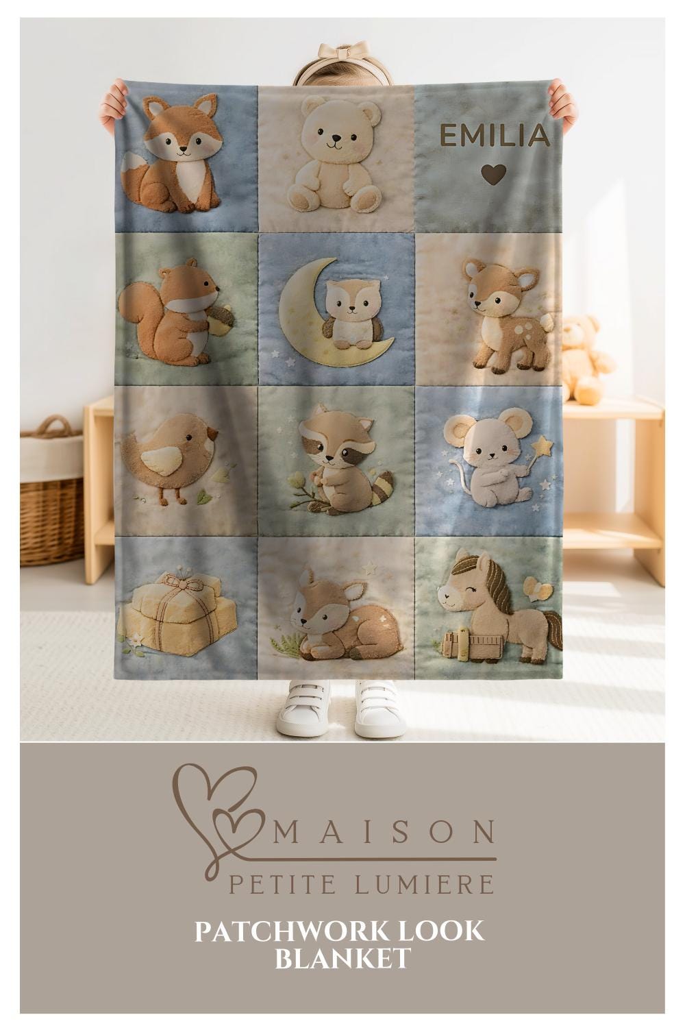 Personalized patchwork look baby blanket with name and sweet woodland animals like fox, deer and bear in a soft quilt style design. Cozy newborn gift.