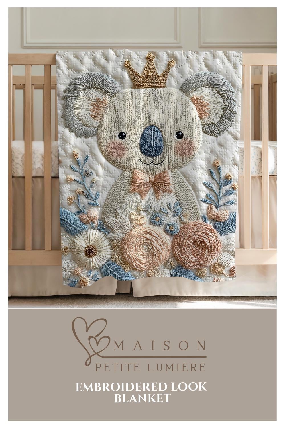 Koala bear baby blanket with embroidered-look floral design in gentle neutral tones. A cozy newborn blanket and timeless baby gift for girls