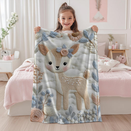 Deer Baby blanket with embroidered-look details in soft neutral colors. A cozy newborn blanket and timeless boutique baby gift.