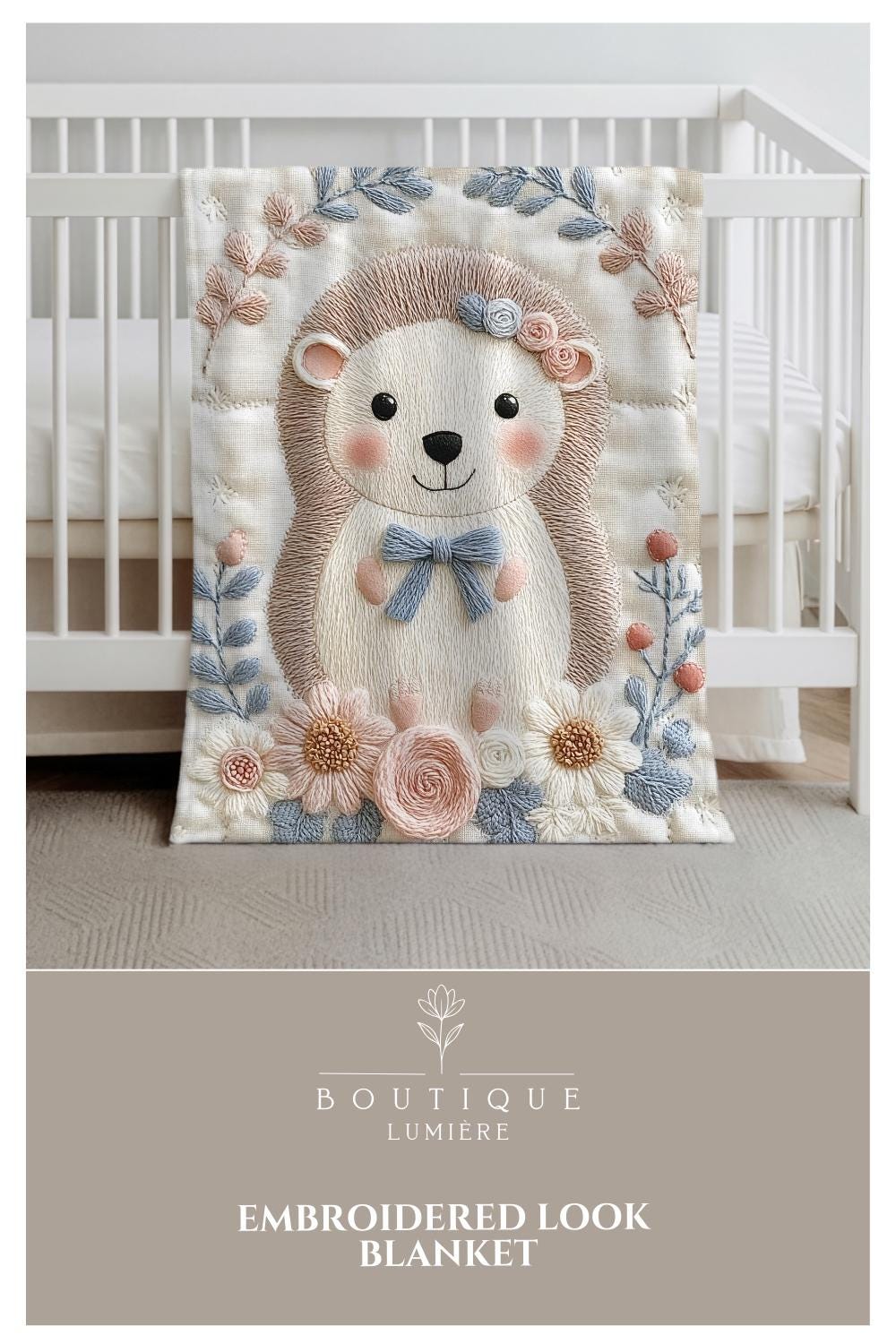 Hedgehog blanket with embroidered-look details in soft neutral colors. A cozy newborn blanket and timeless boutique baby gift.