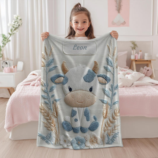 Cow embroidered-look baby blanket with pastel florals. Neutral tones, cozy fabric — a boutique newborn gift for calm, modern nursery decor.