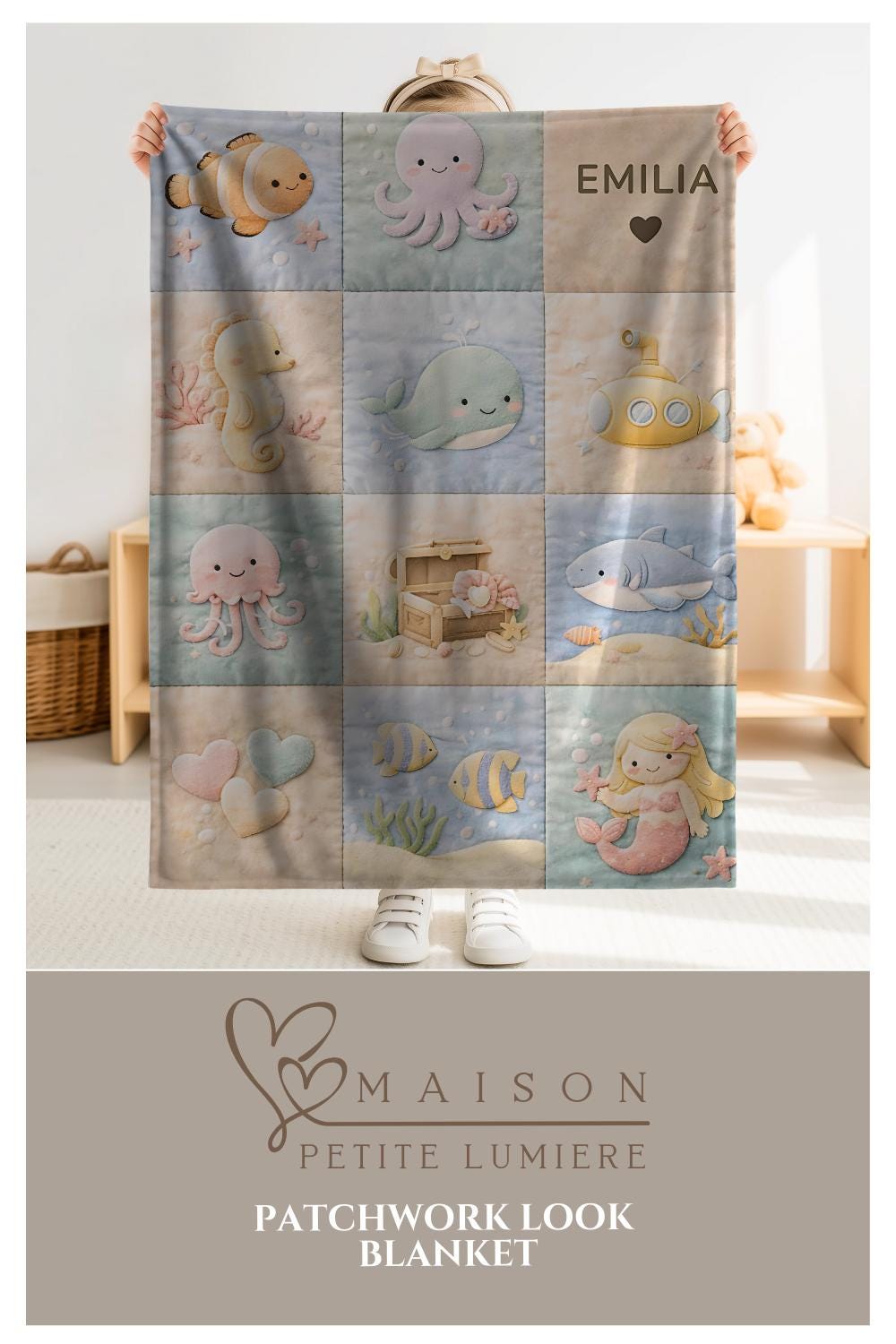 Personalized patchwork look baby blanket with name and sweet underwater motifs like fish, whale, octopus and mermaid in a soft quilt style design.