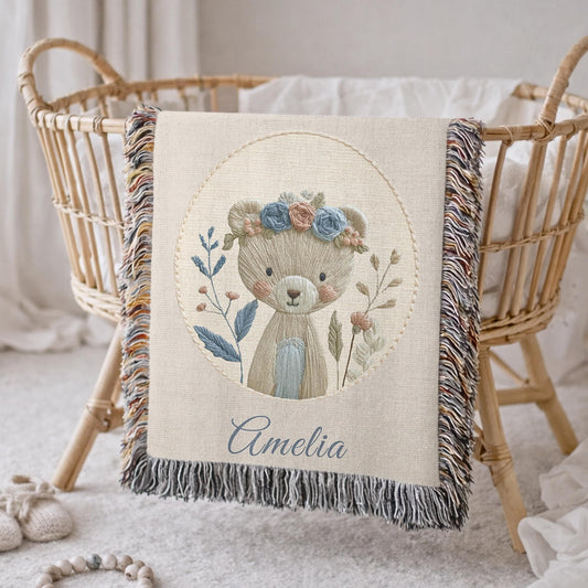 Personalized Bear woven cotton baby blanket with a calm floral bear design. Neutral nursery decor and a timeless heirloom newborn gift
