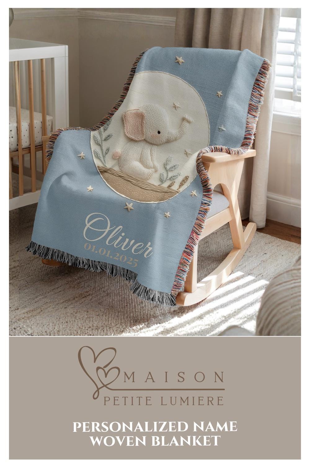 Personalized woven cotton baby blanket featuring a calm elephant under the moon. Embroidered-look design, custom name & birth date — timeless nursery decor.