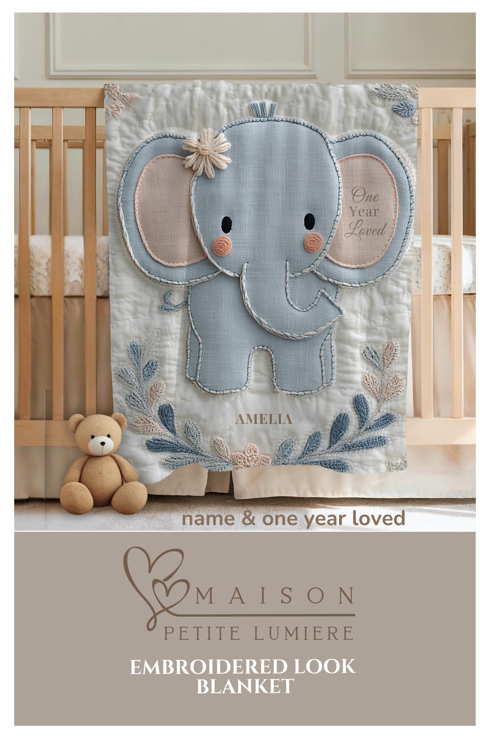 Soft embroidered-look baby blanket featuring a calm pastel elephant in a timeless quilted style. Designed to celebrate a baby’s first birthday or to create a meaningful personalized keepsake, this blanket blends gentle nursery aesthetics with a boutique embroidered appearance.