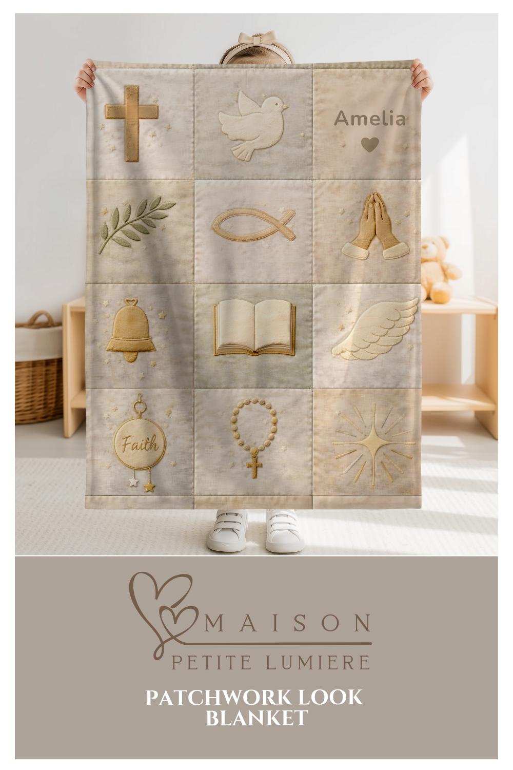 Christian patchwork look baby blanket with faith symbols in a soft quilt-style design. Neutral tones, optional name, perfect baptism gift.