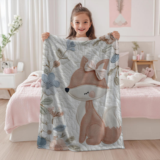Fox baby blanket with an elegant embroidered-look fox and soft florals in muted blue, peach and ivory tones. A cozy neutral nursery blanket and timeless baby gift.