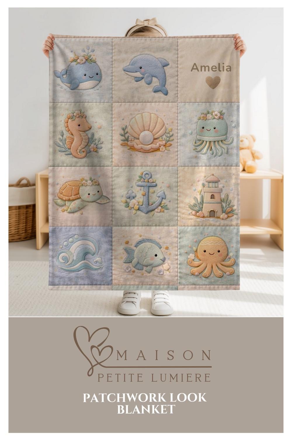 Patchwork Look Baby Blanket with Name • Whale Octopus Crab Ocean • Underwater Theme • Quilt Look • Nursery • Newborn Blanket • Baby Gift