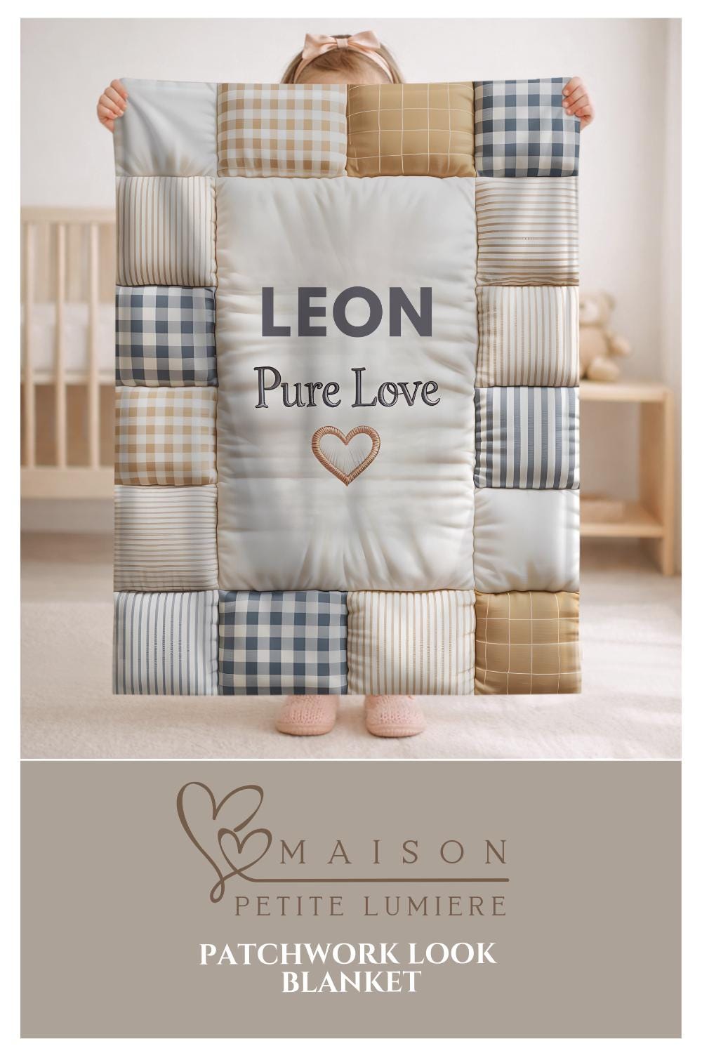 Personalized baby quilt blanket featuring your baby’s name and the quote “Pure Love” in a soft, neutral patchwork design. A cozy newborn blanket and meaningful keepsake gift.