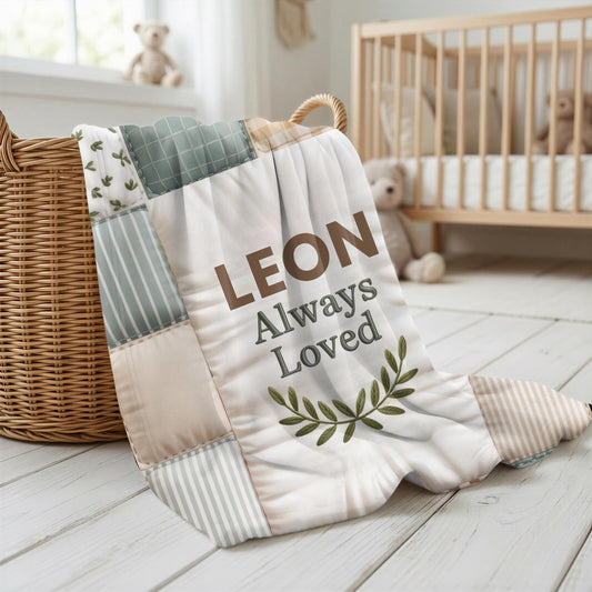 Baby blanket with quote and name in a patchwork quilt style. A soft, meaningful keepsake blanket for newborns and baby gifts.