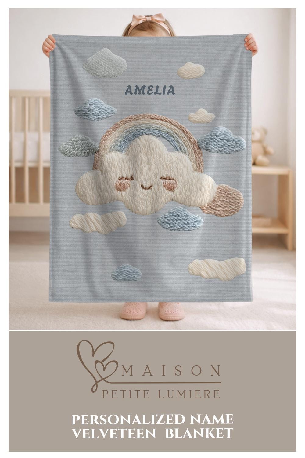 Personalized baby blanket with name in an embroidery look featuring a cloud with rainbow. Soft pastel tones – cozy velveteen or minky microfiber.
