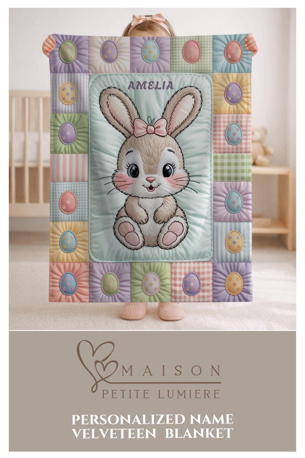 Personalized Baby Blanket with Name • Easter Bunny Patchwork Quilt Look • Neutral Nursery Decor Baby Gift Newborn or Baptism