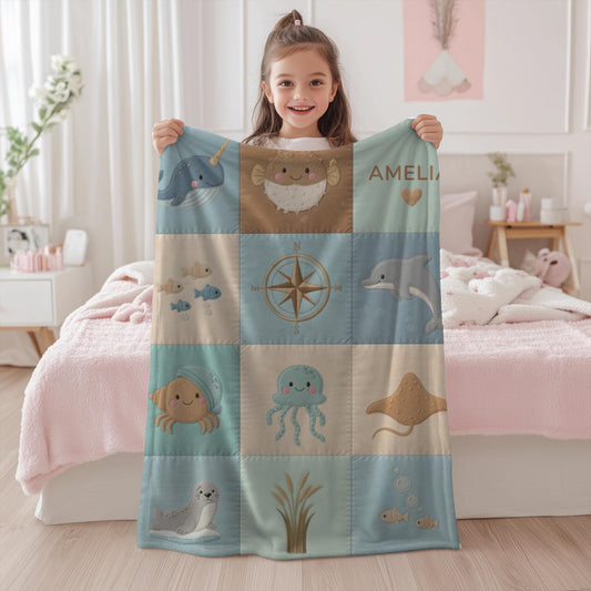 Personalized Baby Blanket in Patchwork Quilt Look with Sea Animals. Neutral Colors with Name.