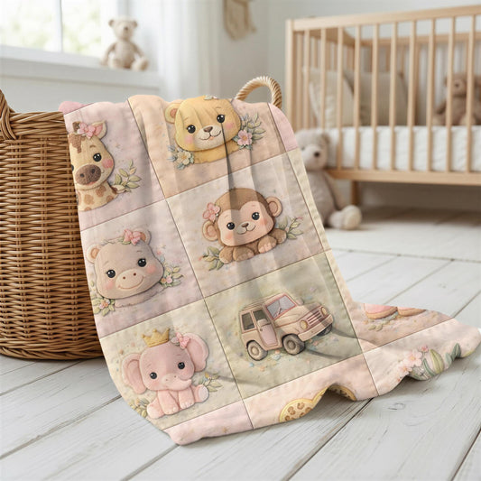 Personalized patchwork look baby blanket featuring a soft safari-inspired quilt design in calm, neutral tones