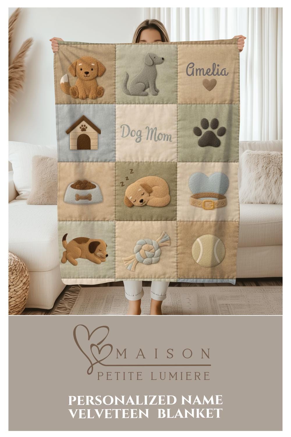 Personalized baby blanket with name in a patchwork look with cute puppy motifs in neutral tones. Printed quilt style for cozy modern nurseries.