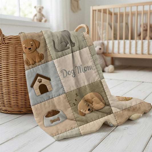 Personalized baby blanket with name in a patchwork look with cute puppy motifs in neutral tones. Printed quilt style for cozy modern nurseries.