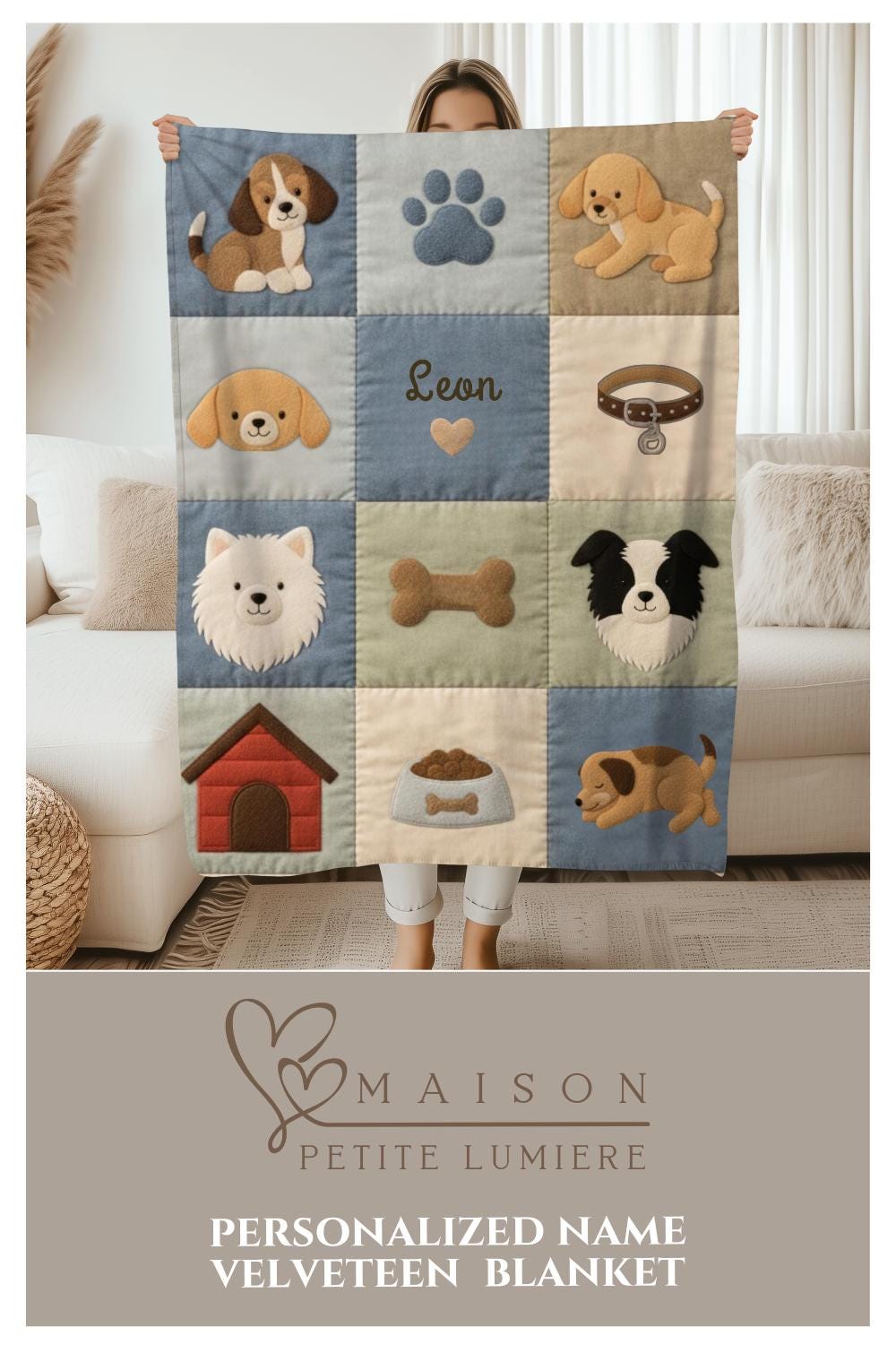 Personalized baby blanket in a patchwork design with sweet dog motifs in calm neutral tones. Printed quilt look for cozy modern nurseries.