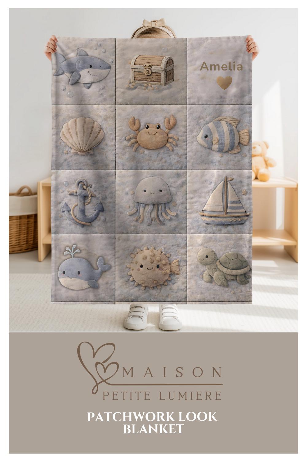 This personalized ocean baby quilt look blanket is custom made with your baby’s name and features a calm patchwork look in beige, sand and blue tones.