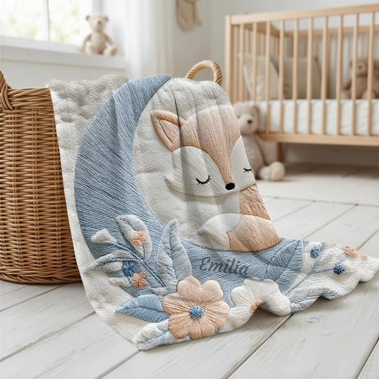 Personalized fox baby blanket with name - embroidered-look details in soft neutral colors. A cozy newborn blanket and timeless boutique baby gift.
