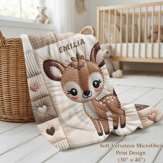 Personalized deer baby blanket with name and patchwork quilt look. Choose between the large Velveteen blanket or the small Minky Lovey security blanket.