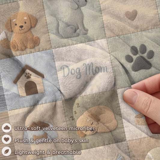 Personalized baby blanket with name in a patchwork look with cute puppy motifs in neutral tones. Printed quilt style for cozy modern nurseries.