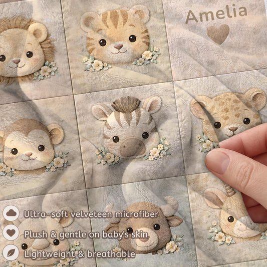 Personalized velveteen baby blanket with a quilt-inspired patchwork of soft safari animals. A cozy, timeless newborn or baby shower.