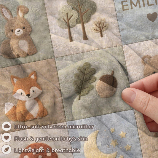 Personalized woodland baby blanket with forest patchwork quilt look in soft neutral colors. Cozy newborn blanket and boutique nursery gift.