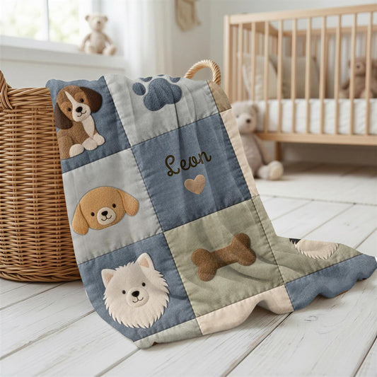 Personalized baby blanket in a patchwork design with sweet dog motifs in calm neutral tones. Printed quilt look for cozy modern nurseries.