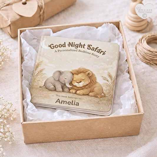 A personalized safari bedtime book featuring your child’s name. Gentle rhymes with elephant & lion — a meaningful baby shower or birthday gift.