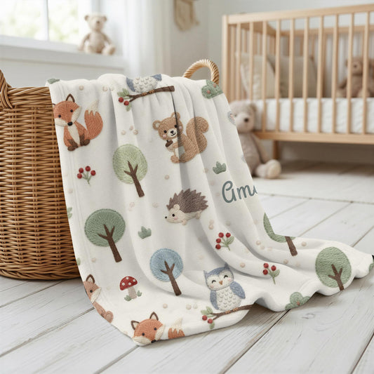 Personalized Woodland Baby Blanket with Name • Forest Animals Embroidered Look • Neutral Nursery Decor • Fox Owl Bunny Gift