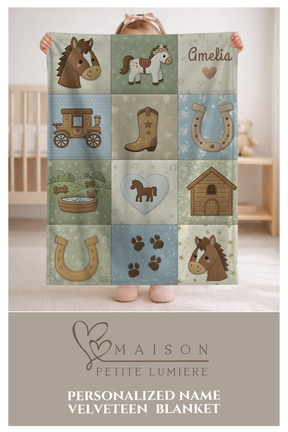 Personalized baby blanket in a patchwork look with horse and farm motifs in calm neutral tones. Printed quilt style for cozy modern nurseries.