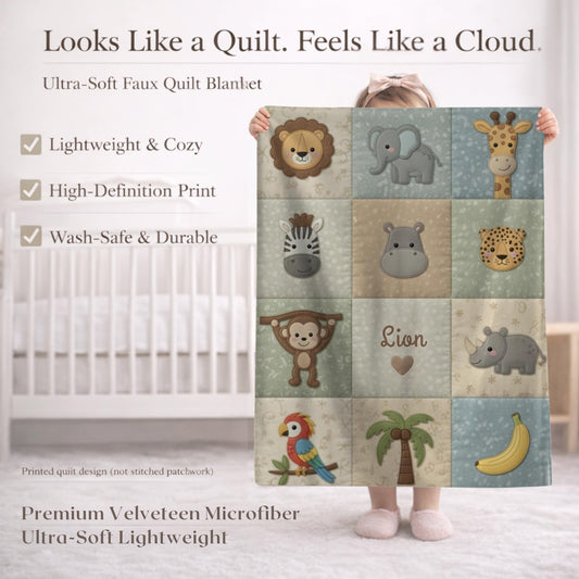 Personalized jungle baby blanket with name in embroidered quilt look. Monkey & parrot design for neutral safari nursery decor and unique baby gift.