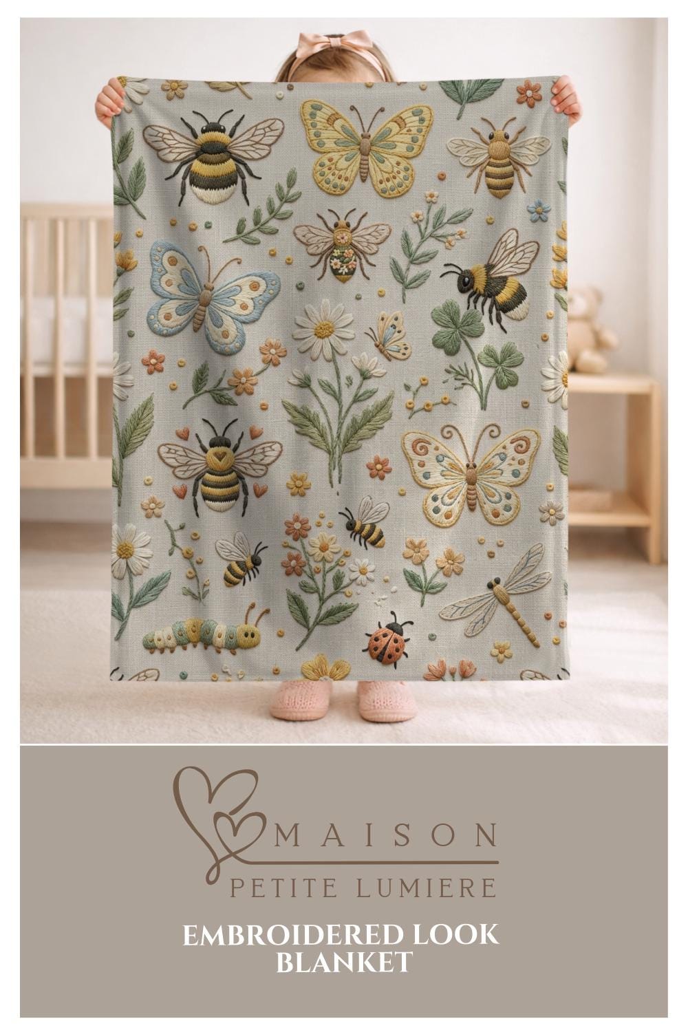 Garden baby blanket in embroidered quilt look. Butterfly and bee botanical design for neutral nursery decor and baby gift.