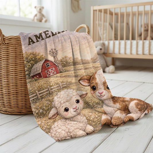 Sweet little farm friends! Personalized pink barnyard baby blanket with pig and chick in a soft quilt look design. A charming baby girl gift.