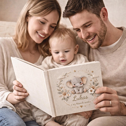 Personalized floral elephant baby album 8x8 with custom name and date. A neutral nursery memory book and timeless newborn keepsake gift.