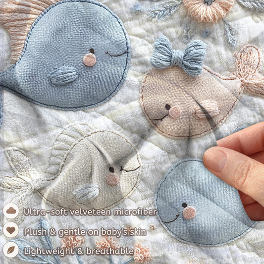 Soft embroidered-look baby blanket featuring a calm fish motif with delicate floral details. Gentle neutral and pastel tones — a timeless boutique-style gift for modern, serene nurseries.
