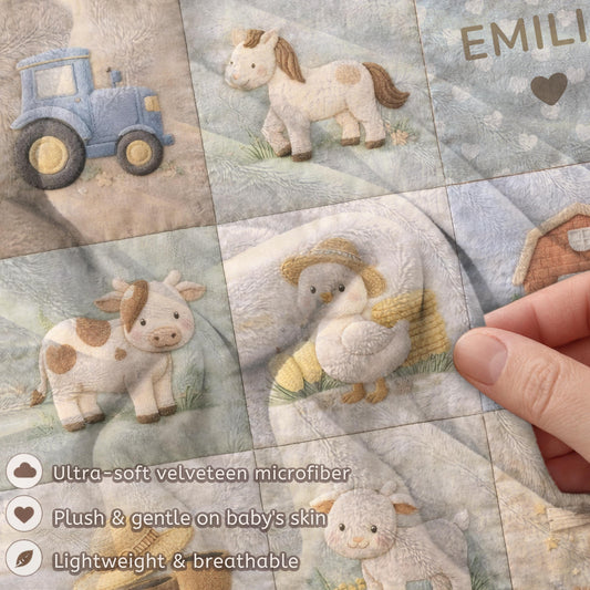 Personalized patchwork look baby blanket with farm quilt design in soft neutral colors. A cozy newborn blanket and timeless boutique baby gift.