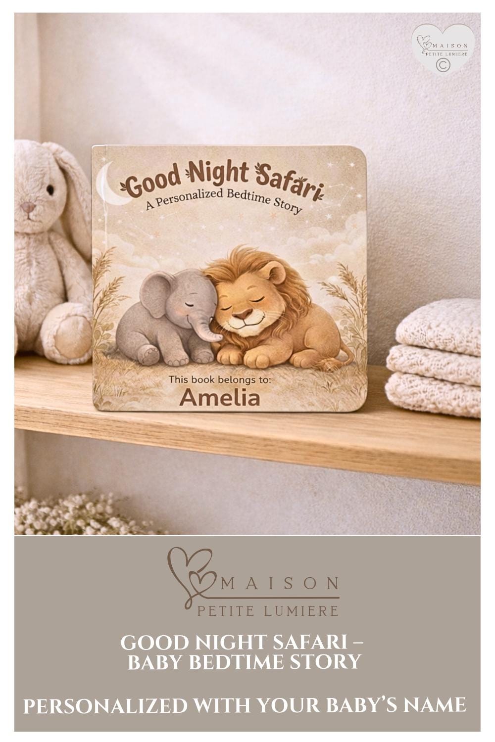 A personalized safari bedtime book featuring your child’s name. Gentle rhymes with elephant & lion — a meaningful baby shower or birthday gift.