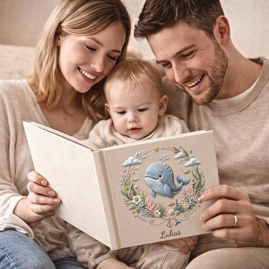 Personalized ocean themed whale baby album 8x8 with custom name. A calm nautical nursery memory book and timeless newborn keepsake.