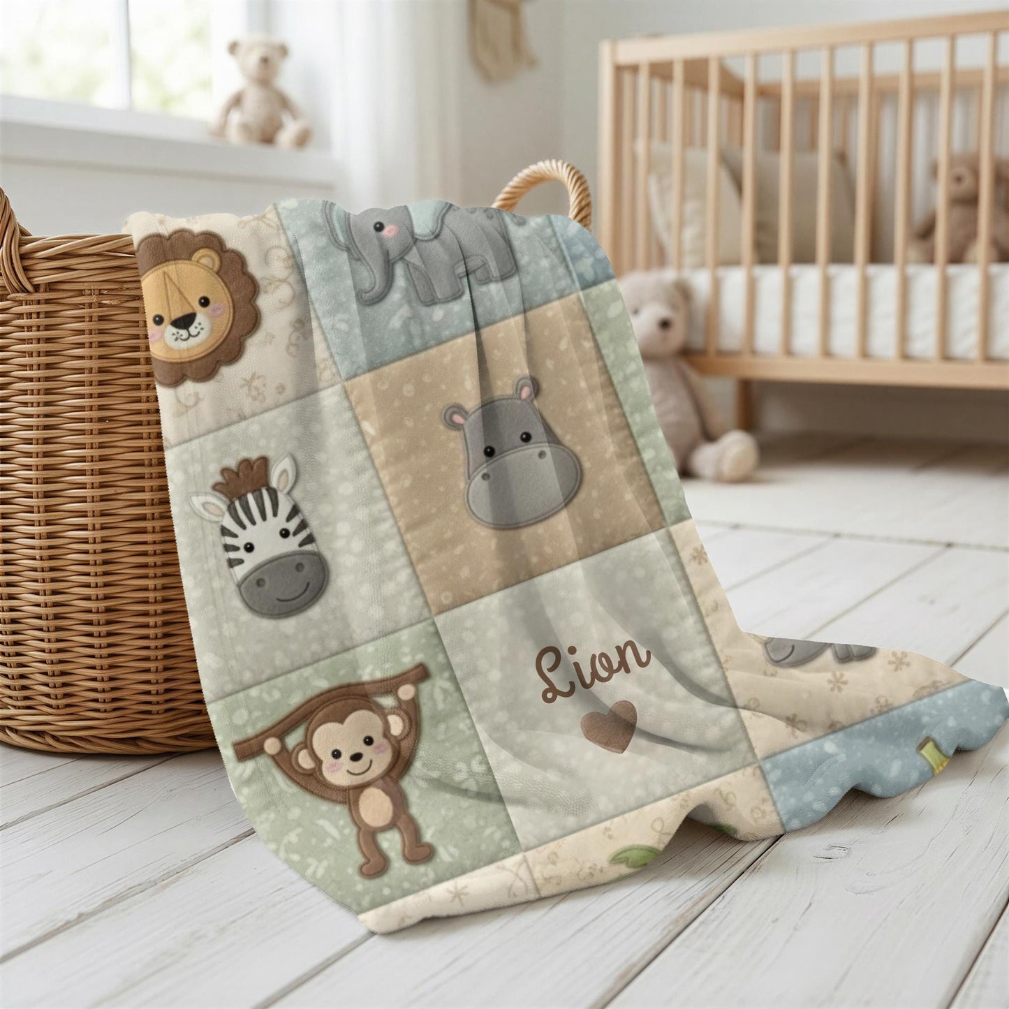 Personalized jungle baby blanket with name in embroidered quilt look. Monkey & parrot design for neutral safari nursery decor and unique baby gift.