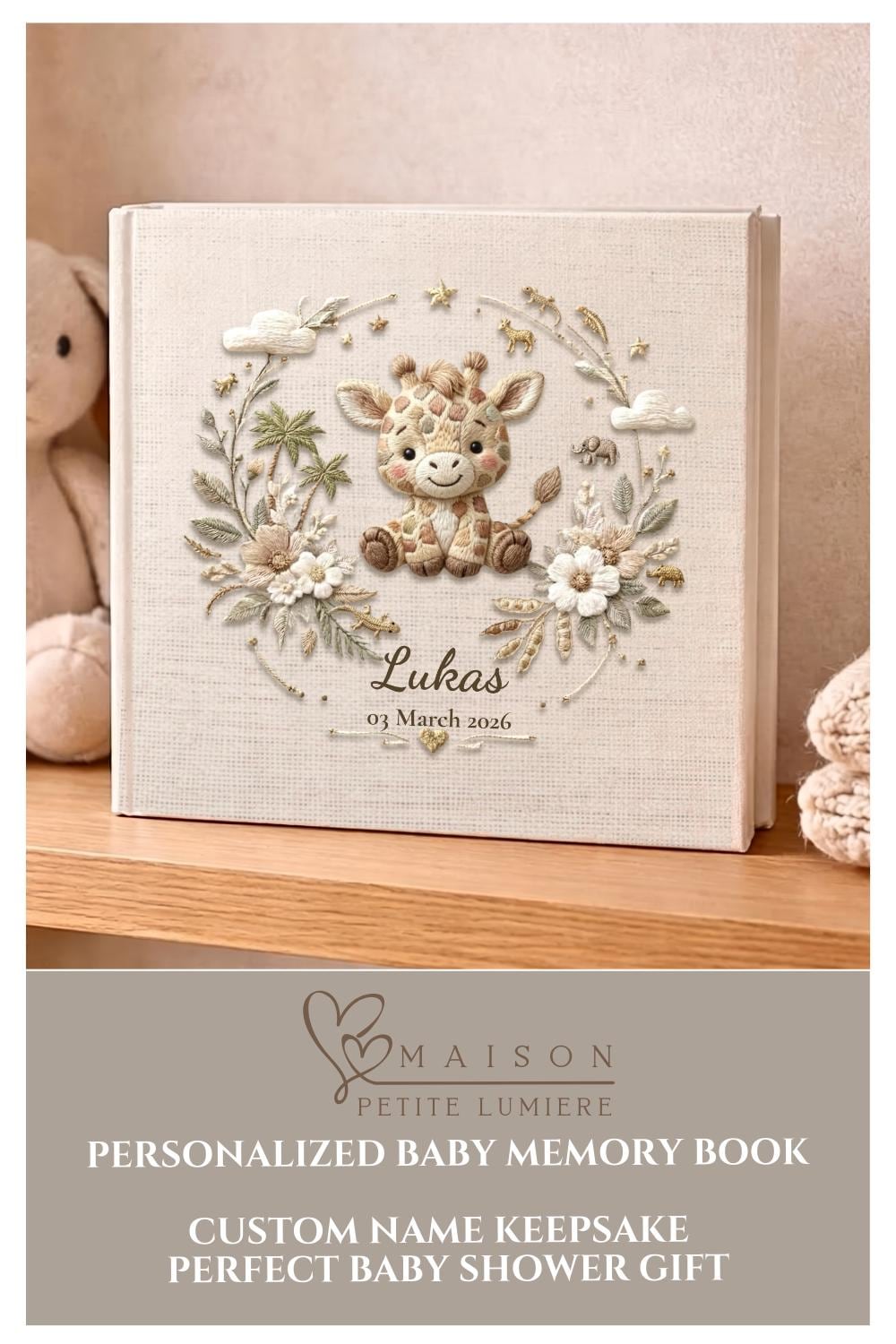 Personalized giraffe baby album with custom name and birth date. A safari nursery keepsake memory book for newborn milestones.