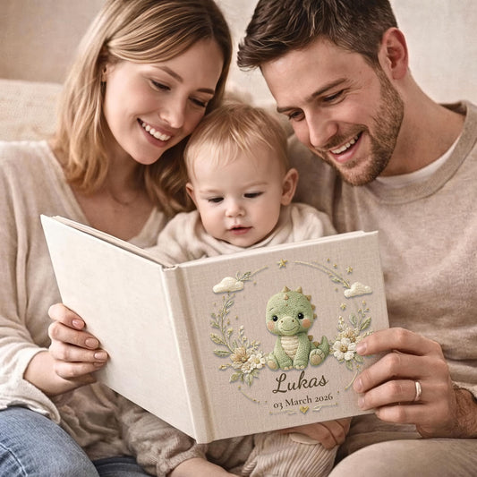 Personalized dinosaur baby memory book with name and birth date. A playful dino nursery photo album for baby memories and milestones.