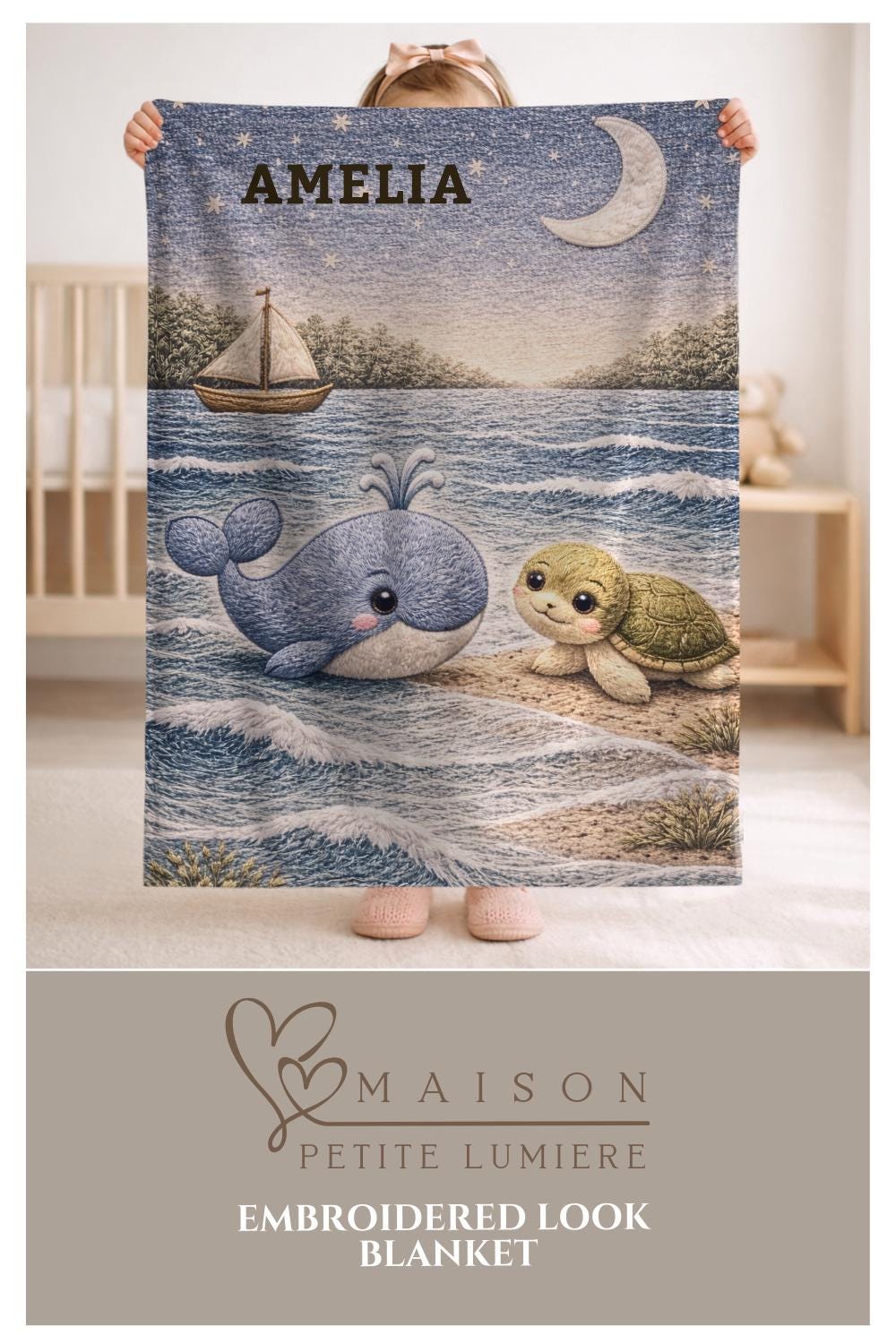 Sail away to sweet dreams! Personalized ocean baby blanket with whale and sea turtle in a soft nautical quilt-look design. A perfect coastal nursery gift.