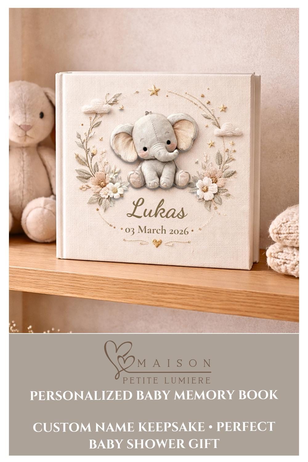 Personalized floral elephant baby album 8x8 with custom name and date. A neutral nursery memory book and timeless newborn keepsake gift.