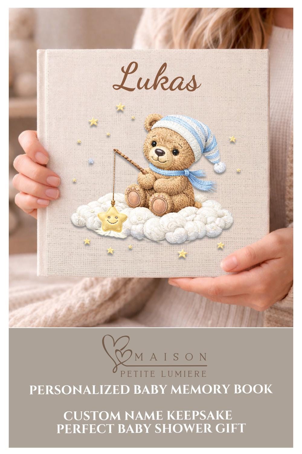 Personalized teddy cloud baby memory book with your baby’s name. A dreamy cloud-themed album to capture precious milestones and first-year memories.