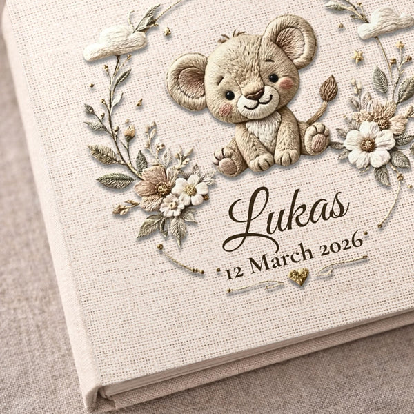 Personalized safari lion baby album with custom name and date. A warm jungle nursery memory book and newborn keepsake.